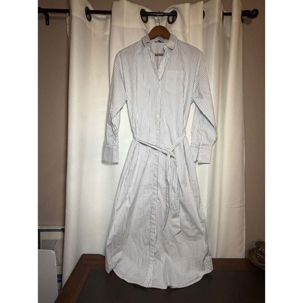 Express Portofino Shirt Dress XS Blue White Striped Belted Button Front Midi